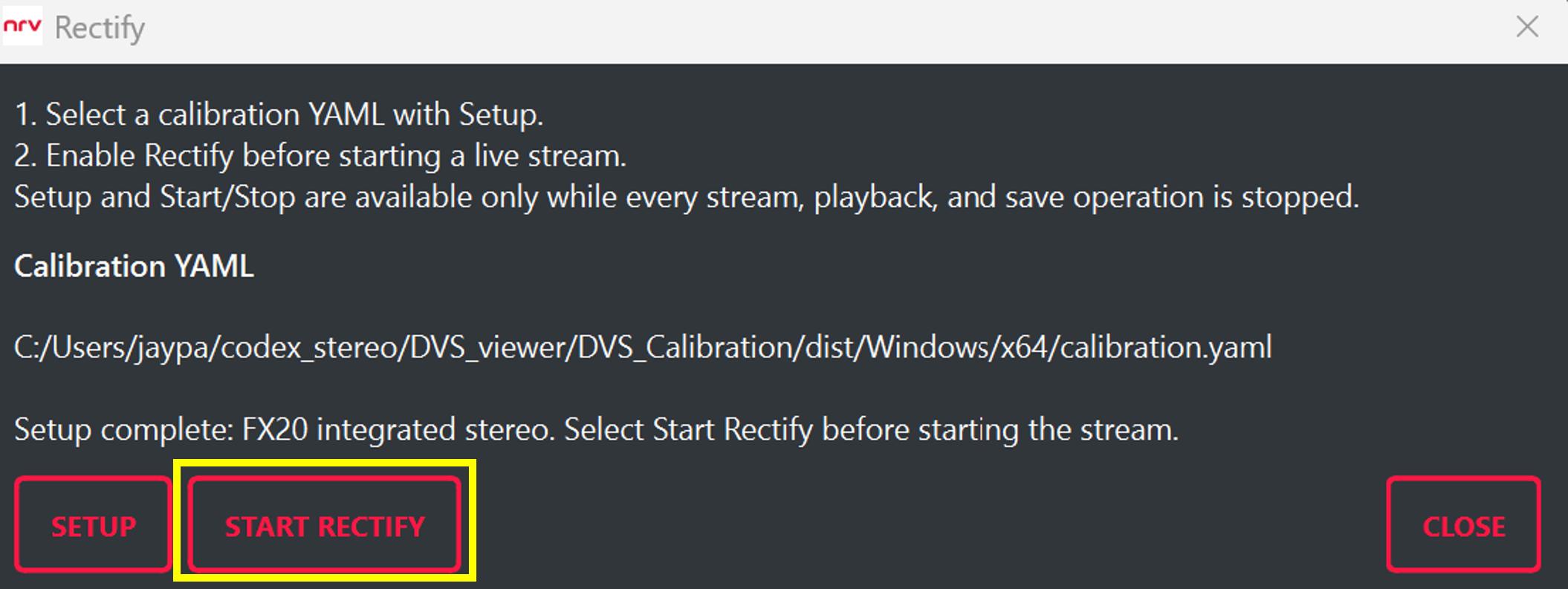 YAML Setup 완료 후 Rectify 패널