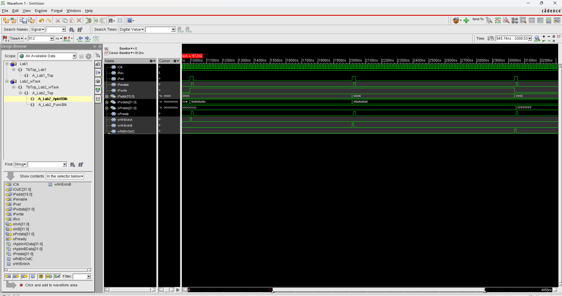 Lab2 APB register access SimVision 파형